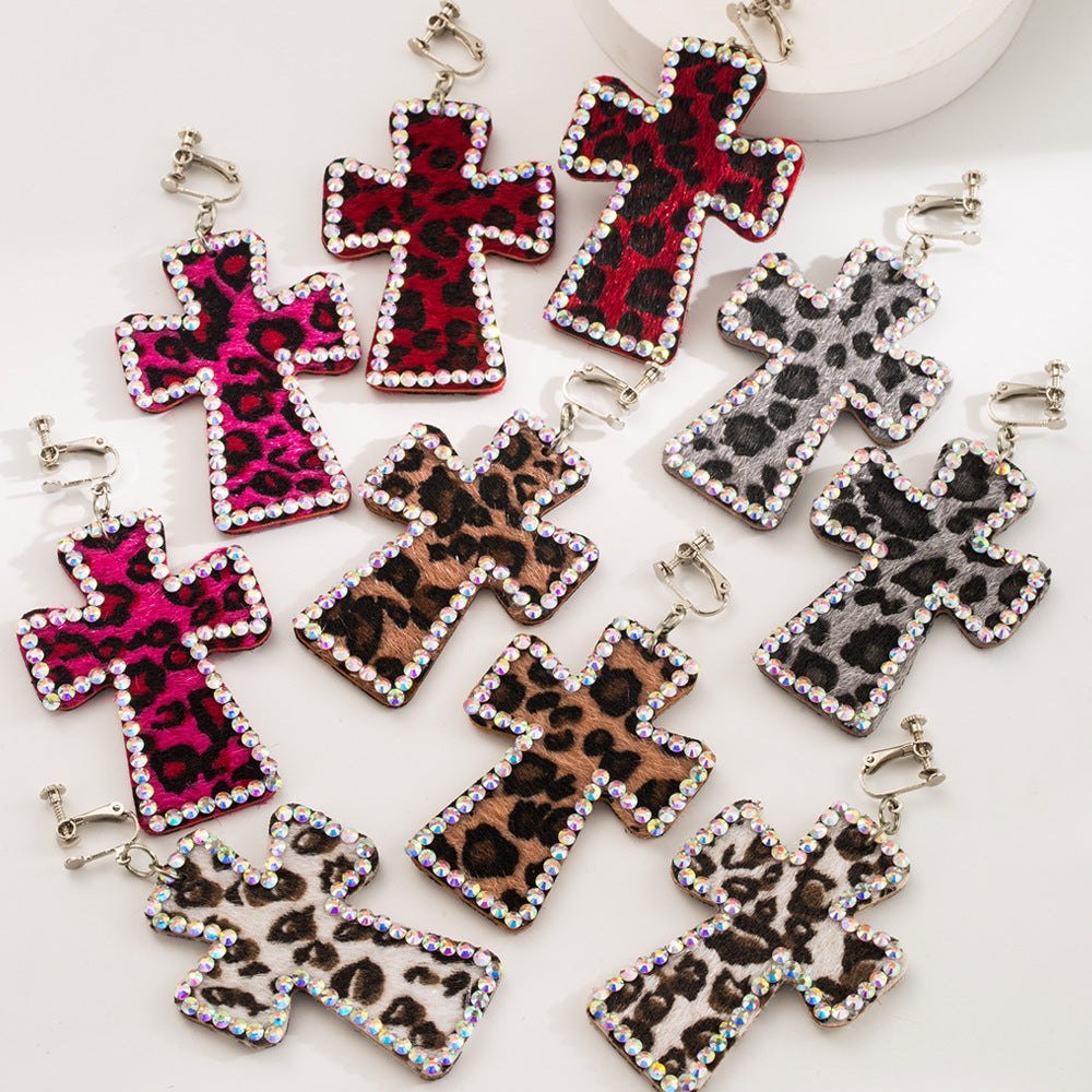 Wholesale Handmade Personalized Exaggerated Cross Genuine Leather Leopard Print Earrings
